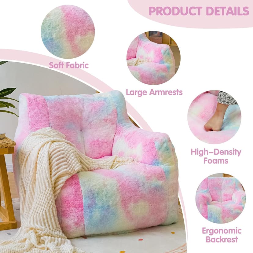 Bean Bag Chair with Filling, Faux Fur Comfy BeanBag Chairs for Teens, Adults, Bedroom, Living Room, Reading - Rainbow