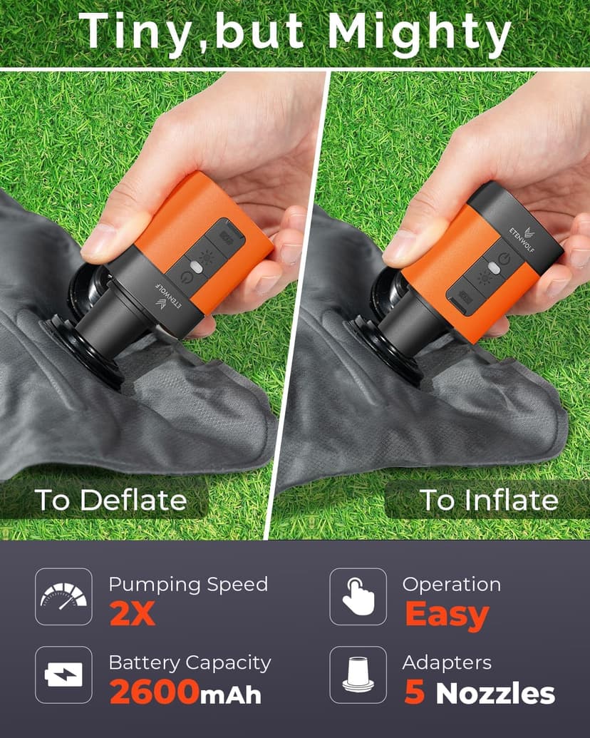 ETENWOLF AIR 3 Air Pump for Inflatables with 2600 mAh Battery & Camping Light, Ultra-Fast and Mini Electric Air Pump, Inflate Deflate for Air Mattress, Pool Floats, Vacuum Storage Bags