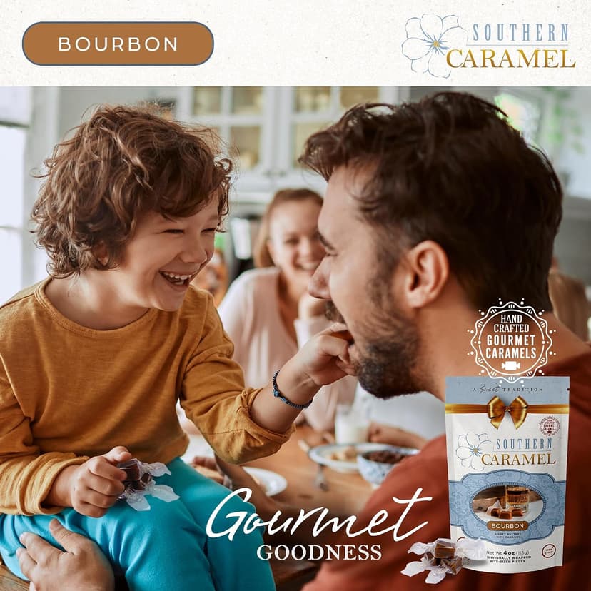 Soft Buttery Gourmet Caramel Candy Infused with Smooth, Top-Shelf Bourbon, Gluten Free, No Corn Syrup, Gift Ready Pieces Southern Caramel Bourbon Caramels, Handcrafted, 4 oz (Pack of 1) B0F3JVKW34
