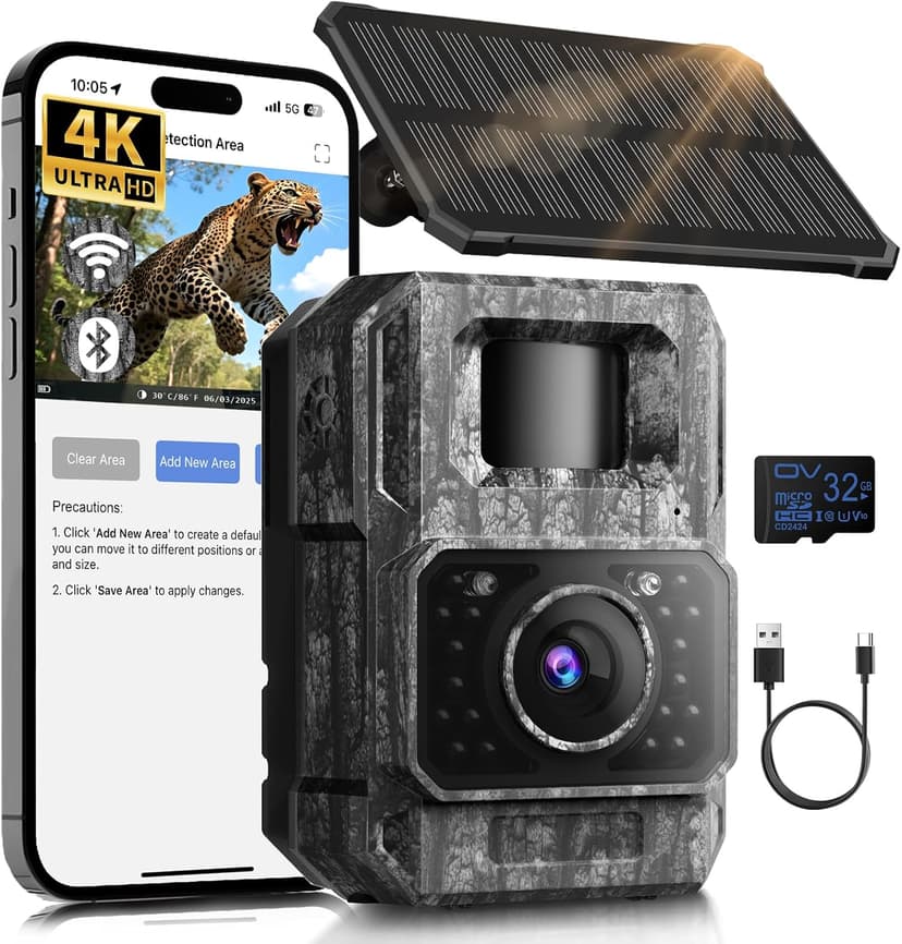 MAXDONE Solar Trail Camera WiFi Bluetooth - 4K 64MP Game Camera with 6000mAh Battery, Rechargeable Trail Cam with Night Vision Motion Activated IP66, Wildlife Cameras Deer Cams for Outdoor Backyard