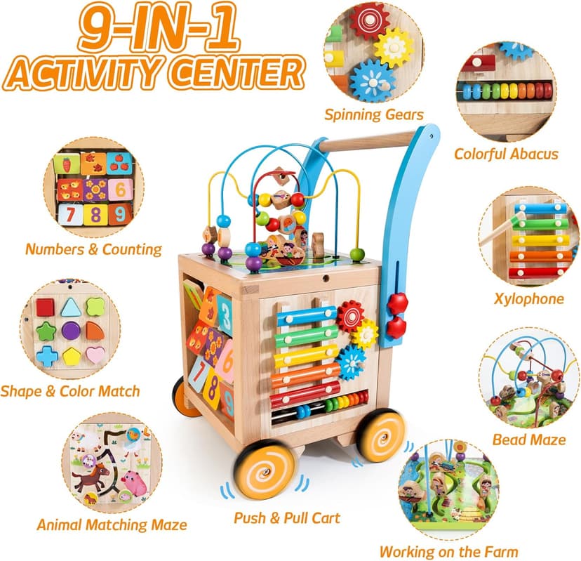 Wooden Baby Walker | Baby Push Walker with 9-in-1 Activity Cube, Sit to Stand Learning Walker Toy with Wheels for Boys Girls, Montessori Activity Center Walker, Adjustable Speed & Height