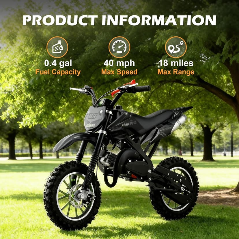 50cc Kids Dirt Bike, 2-Stroke Gas Powered Mini Motorcycle Up to 40MPH, Off-Road Dirt Bike for Kids 8-14 with Front Rear Disc Brakes, Double Shock Absorption (Black)