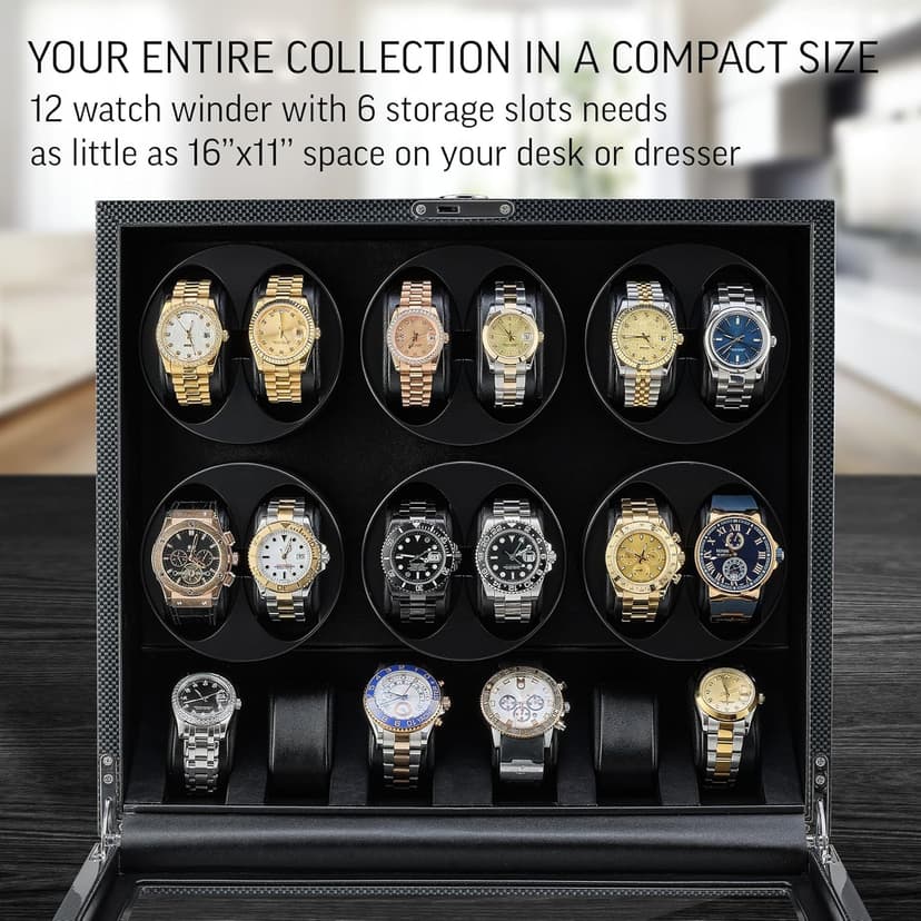 TIMECUBE 12 Watch Winder with 6 Storage Slots, LED Light and Automatic Motor-Stop (Carbon)