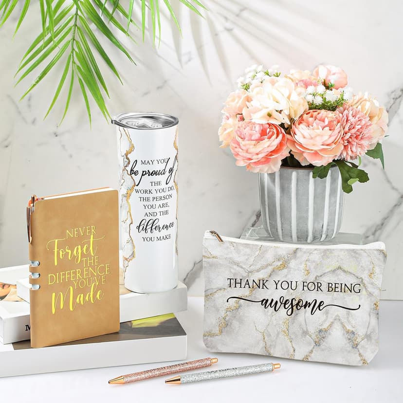 Female Thank You Work Anniversary May You Be Proud 20oz Tumbler Makeup Bag Journal Gift for Boss Teacher Custodian Customer Domensi 6 Pcs Employee Appreciation Gift Set for Women, White B0CHYMKWLB