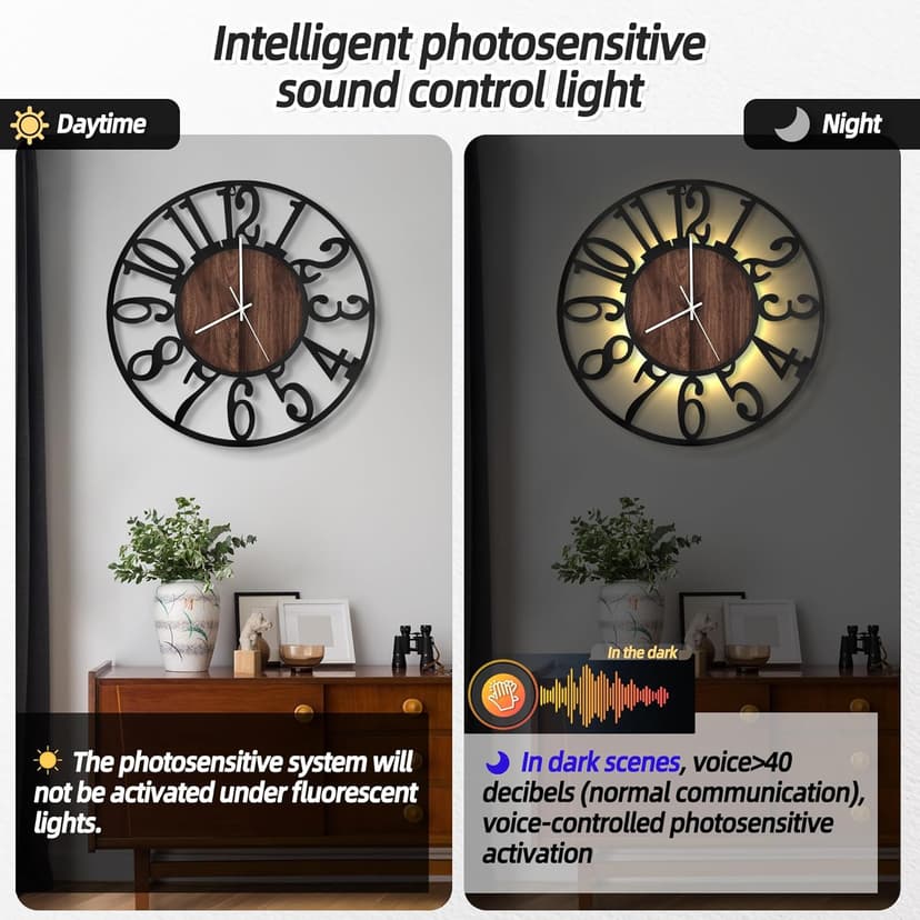 LEIKE Large Wall Clocks with Night Light Battery Operated,Silent Non Ticking,Rustic Modern Big Wood Clock for Living Room, Bedroom,Kitchen,Farmhouse,Office,Home Decor-20 Inch(Black-Arabic Number)