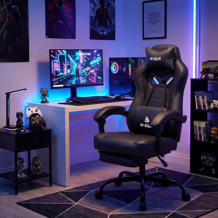 N-GEN GAMING Video Gaming Chair Big and Tall Office Computer Desk Chairs with Ergonomic Lumbar Support High Back Recliner and Footrest for Adults (Black)