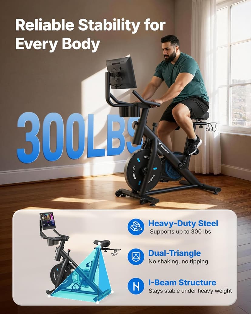 MERACH Exercise Bike, Brake Pad Stationary Bike with Exclusive App, Low Noise Indoor Cycling Bike with 300lbs Weight Capacity, Tablet Mount and Fitness Courses for Weight Loss