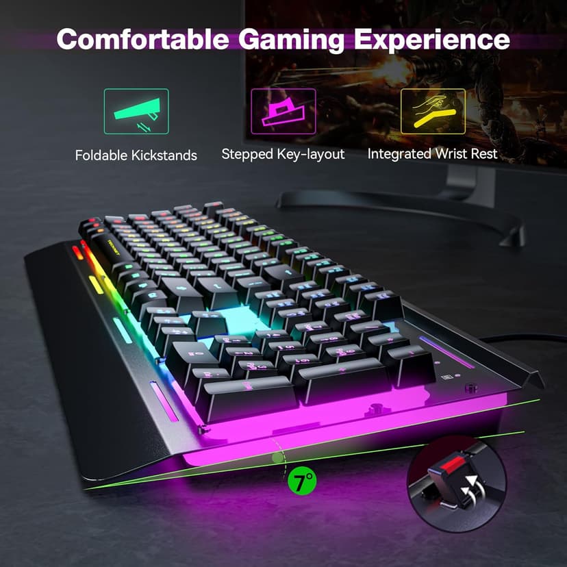 TECKNET Gaming Keyboard, USB Wired Computer Keyboard, 15-Zone RGB Illumination, IP32 Water Resistance, 25 Anti-ghosting Keys, All-Metal Panel (Whisper Quiet Gaming Switch)