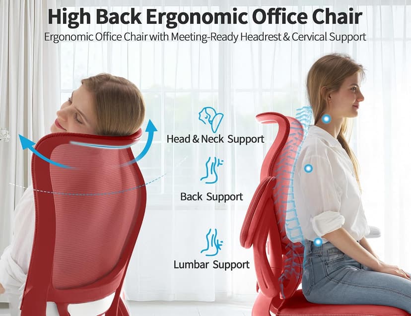 TRALT Ergonomic Office Chair - Desk Chair with Wave High Back Adjustable Lumbar Support Computer Chair - Gaming Chairs Mesh Backrest and PU Leather Seat (RED)