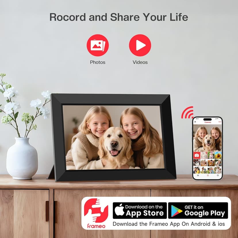 1280x800 HD IPS Touch Screen, Slideshow, Auto-Rotate, Tabletop/Wall, Send Photos/Videos from Phone, Gifts for Mom - Black Frameo 10.1" WiFi Digital Picture Frame, Electronic Photo Frames - 32GB B0D8JDPKKS