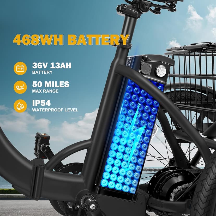 Qlife Triker Electric Bike, Peak 750W/1200W Brushless Motor Folding Trike Ebike, 499Wh Removable Battery, Step-Thru 3 Wheel Electric Bicycle, Up to 55 Miles, 20 Tire Tricycle for Adults