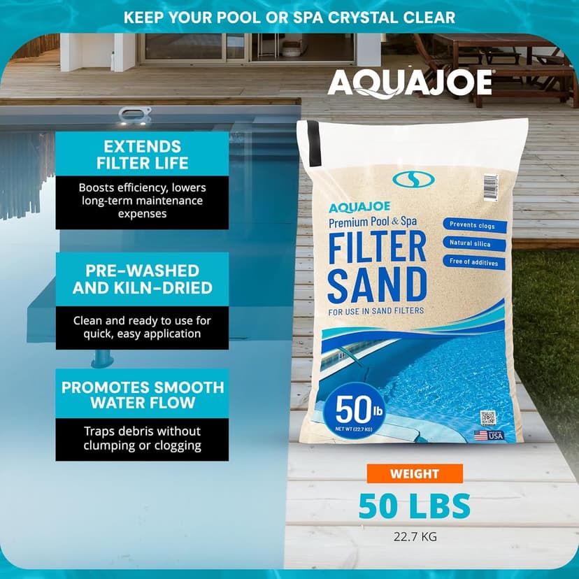 Aqua Joe Premium Pool & Spa Filter Sand, Natural Silica, 50 Lb Bag - Above Ground & Inground Swimming Pool System Accessory - Care, Cleaning & Maintenance, FLTSAND50