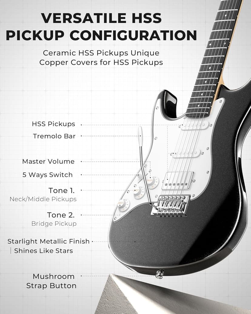 Fesley Left-Handed Electric Guitar: 39" Full Size Beginner Electric Guitar Kit, HSS Pickup, Solid Body Guitar Starter Set with Amplifier, Bag, Strap, String, Cable, FST100L, Black