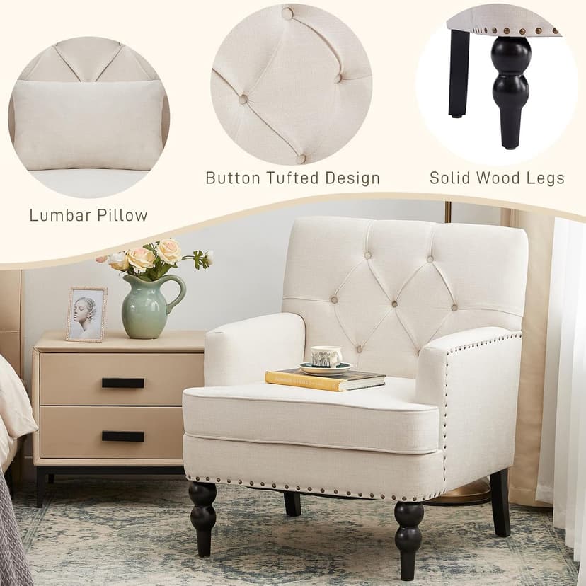 HUIMO Tufted Club Chair,Accent Chair with Lumbar Pillow, Upholstered Button Armchair, Linen Fabric Sofa Chairs for Bedroom, Living Room, Mid Century Modern with Studded Reading Chair Beige
