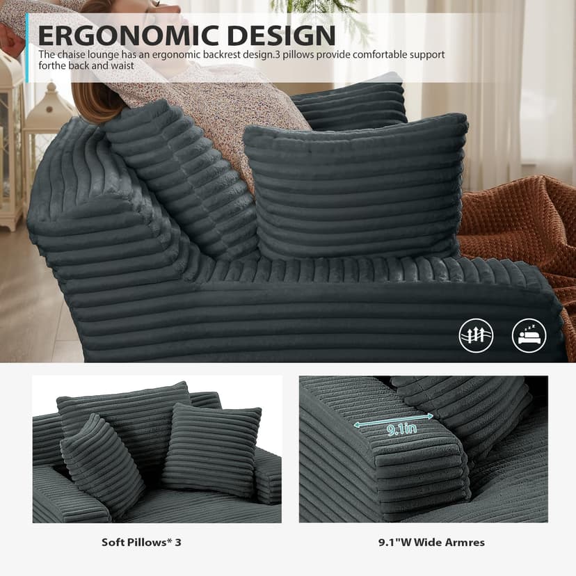 50 Inch Chaise Lounge Chair Indoor, Oversized Corduroy Upholstered Boneless Sofa Bed, Deep Seat Sleeper Couch Reading Chairs, Cloud Sofas Couches for Living Room, No Assembly Required (Dark Grey)