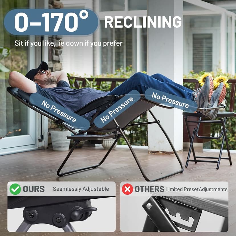 Timber Ridge Oversized Zero Gravity Chair, 33In Wide XXL Zero Gravity Reclining Chair with Side Table, Full Padded Lounge Chair for Outdoor Camping Patio Lawn, Heavy Duty Supports 500lbs, Grey-1 Pack