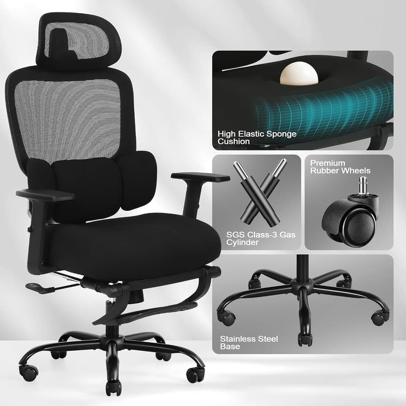 Ergonomic Office Chair with Footrest, Mesh Desk Chair with Adjustable Headrest & Armrests & Dynamic Floating Wing Lumbar Support, High Back Computer Chair for Home Office, BIFMA Certified, Black