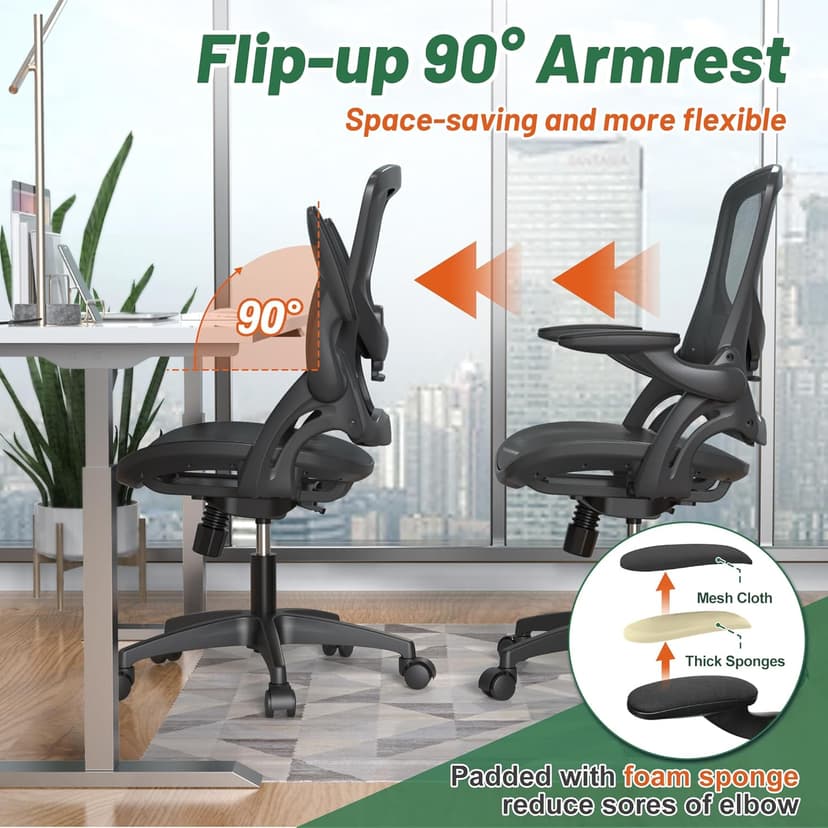 Ergonomic Comfy Mesh Home Office Computer Desk Chair with Height Adjustable Lumbar Support with Flip up Arms for Adult