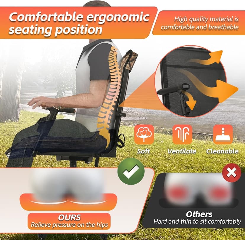 FUNHORUN Hunting Chair with Removable Camouflage Cover, 360 Degree Silent Swivel Hunting Seat with Adjustable 4 Legs Height and Armrests, Tool-Free Foldable Ground Blind Chair, Portable Seat