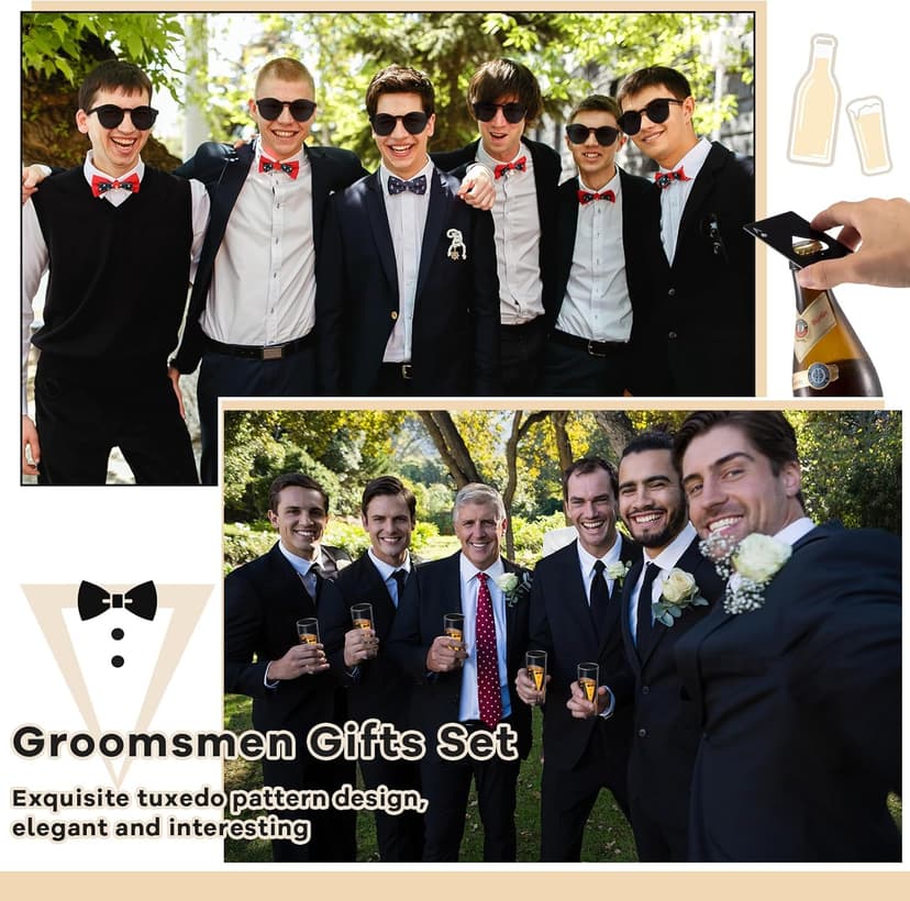 Tioncy 48 Pcs Groomsmen Proposal Gift 8 Engraved Pocket Knife 8 Groomsmen Gift Bags 8 Shot Glasses with Tuxedos 8 Stainless Steel Hip Flask 8 Poker Card Bottle Opener 8 Sunglasses