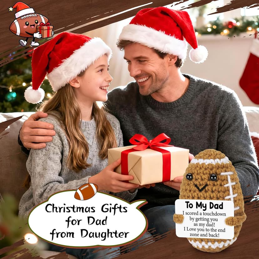 Dad Gifts from Daughter Son Wife, Positive Handmade Crochet Dad Birthday Gift, Funny Cute Small Gifts for Dads, I Love You Girl Papa Gift Idea, Unique Doll for Step-Dads Football