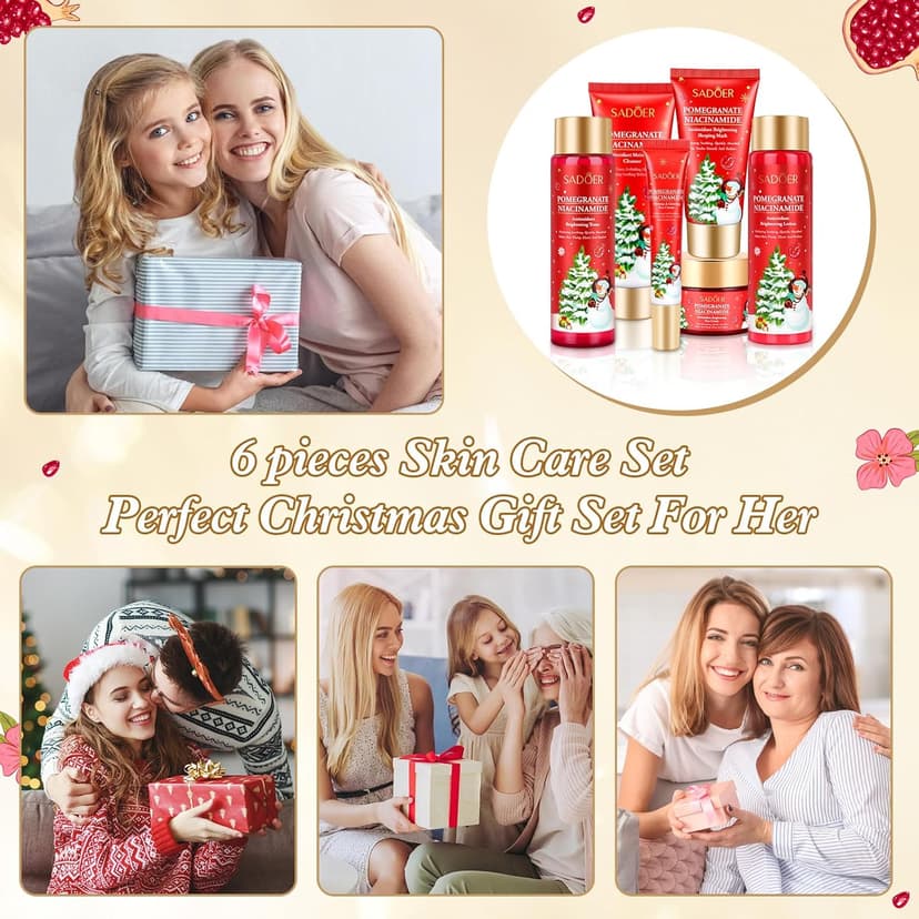 Christmas Gifts 6 Pcs Skin Care Set Pomegranate Moisturize Soothe Hydrate Gifts for Teenage Girls Stocking Stuffers Christmas Gifts for Women-Cleanser,Toner,Lotion,Face Cream,Eye Cream,Sleep Mask