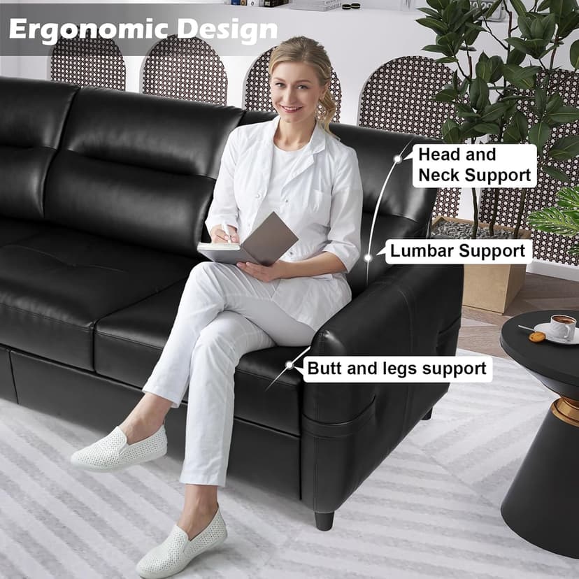 STHOUYN 85” Black Faux Leather Couch with USB, 3 Seater Sofa Couches for Living Room, Large Mid Century Modern Office Apartment Couch (Black)