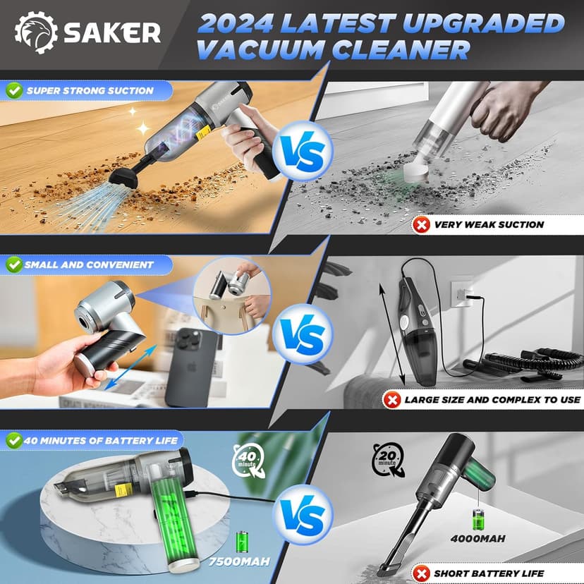 Mini Car Vacuum with Brushless Motor,Air Duster Blower,Rechargeable Foldable Vacuum Cleaner,for Home, Office Pet,Gifts Saker Handheld Car Vacuum Portable Cordless17000Pa HL132 Black B0D8PQHYV3
