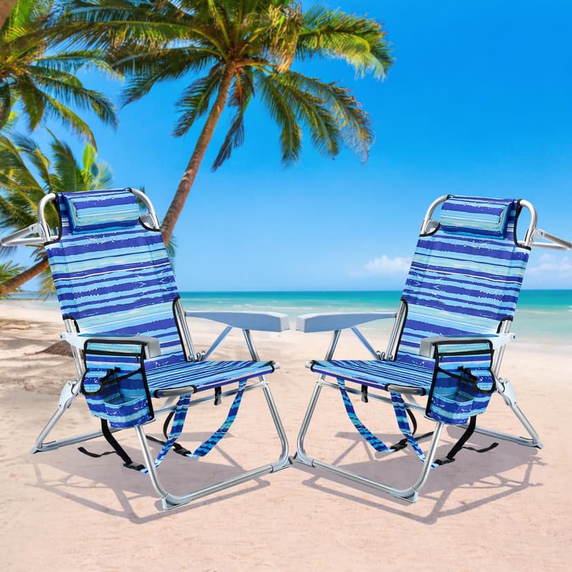 GVDV Backpack Beach Chairs for Adults 2 Pack, Portable Lay Flat Folding Chair with Cup Holder and Towel Bars, 4-Position Adjustable Reclining Chair for Beach, Camp, Outdoor, Blue Ocean