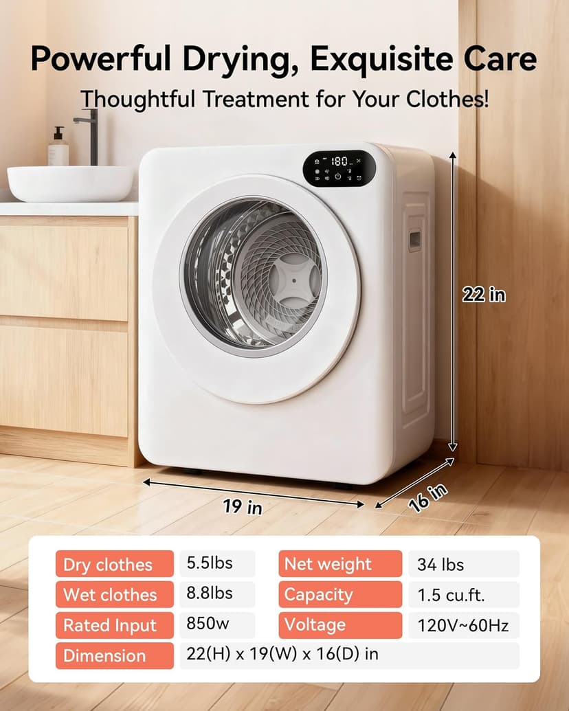 Euhomy 1.5 Cu.Ft Portable Clothes Dryer, 850W Clothes Dryer with Stainless Steel Drum, 4 Functions, LED Control, Drying Machine for Apartments, Laundry, Dorm, Small Space, White