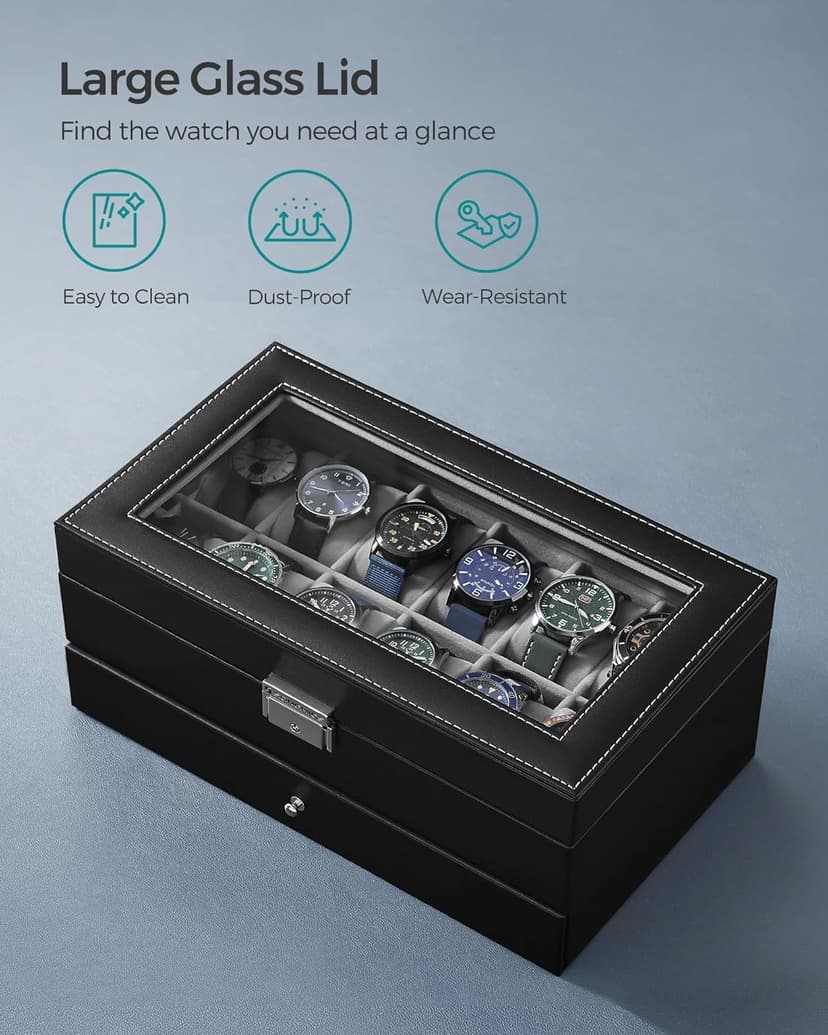 SONGMICS SONGMICS Watch Box, 12-Slot Watch Case Organizer with Large Glass Lid, 2 Layers, Removable Pillows, Metal Lock, Gift for Loved Ones, Black Synthetic Leather, Gray Lining UJWB012