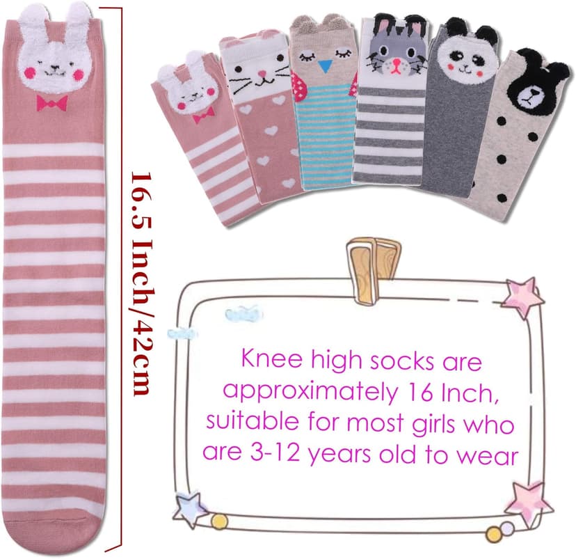 FNOVCO Girls Knee High Socks Kids Crazy Fun Gift Cute Animal Patterns Cotton Long Socks 6 Pairs