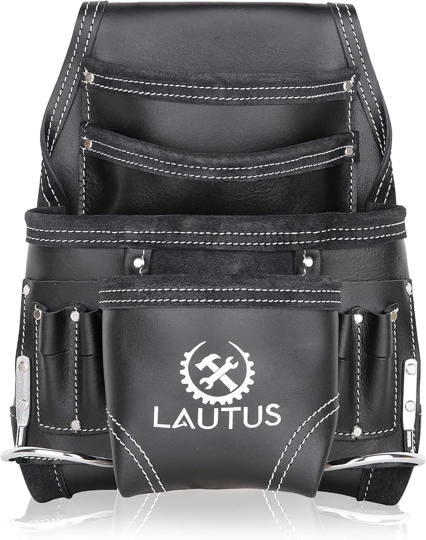 LAUTUS Oil Tanned Leather Tool Pouch Bag | Black | Carpenter, Construction, Framers, Handyman | 10 Pockets, 2 Hammer Holders | 100% Leather