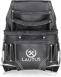 LAUTUS Oil Tanned Leather Tool Pouch Bag | Black | Carpenter, Construction, Framers, Handyman | 10 Pockets, 2 Hammer Holders | 100% Leather