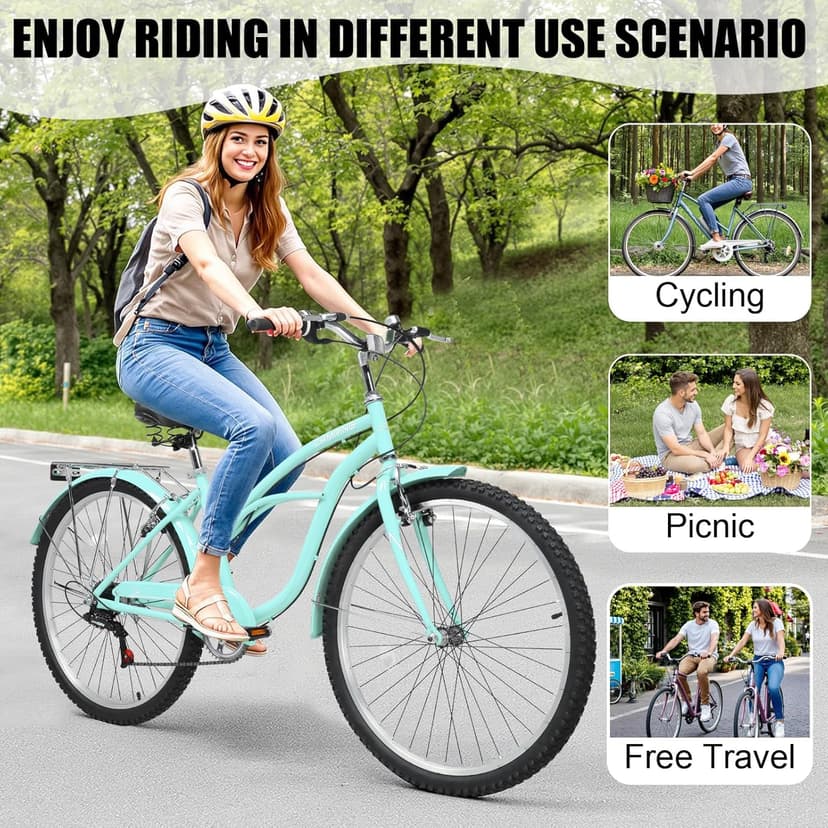 Women Bike, 26 Inch Beach Cruiser Bike, 7 Speed Commuter Bicycle with Ergonomic Upright Frame, Full Front & Rear Fenders (Green/Black/Red)