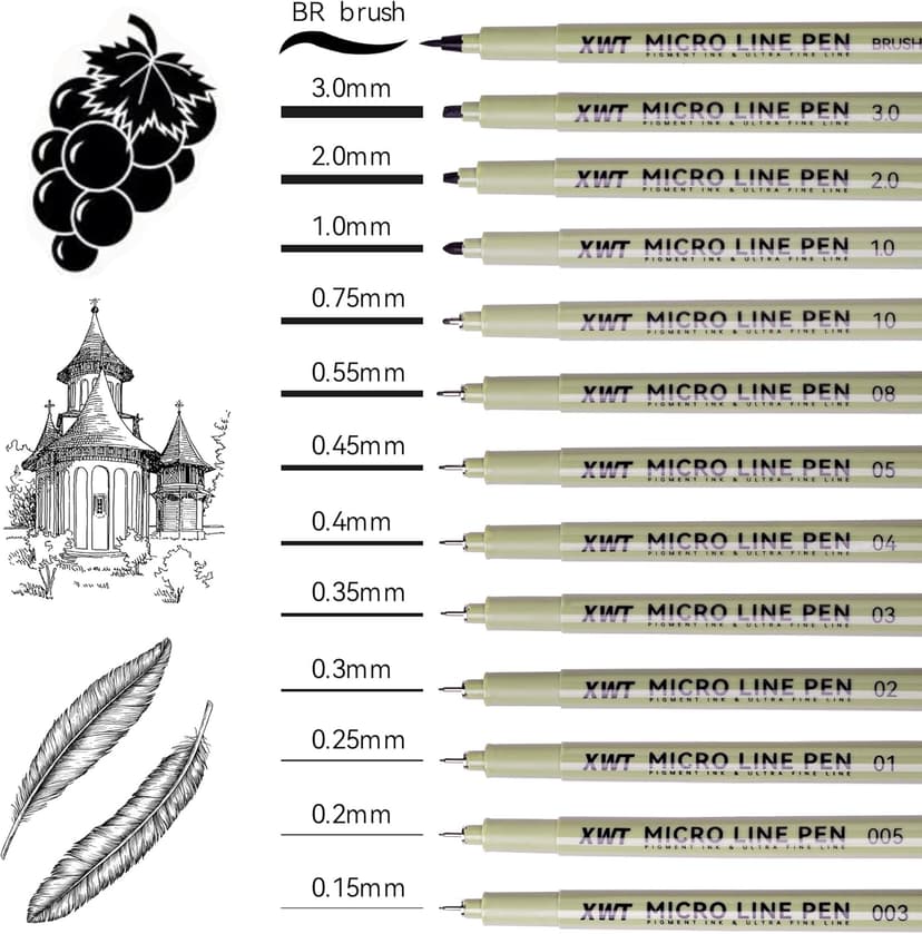12+1 Fineliner Drawing Art Pens, Black Waterproof Pigment Ink Set for Artists, Sketching, Manga, Watercolor, Calligraphy, and Detail Outlining Archival Quality Inking Markers