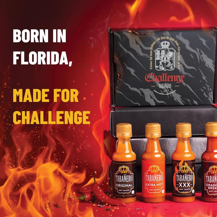 1.7 oz Mini Glass Bottles, Original, Extra Hot, XXX and Dragon's Breath, Gluten Free, All Natural, Low Sodium, Vegan, Kosher Tabañero Challenge Box, Hot Sauce Gift Set, 4-Pack B0CJYJ7KW9