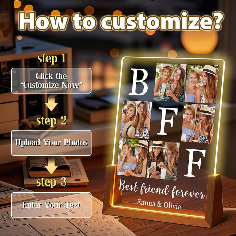 Customized Besties Friendship Gifts for Women Men, Personalized Best Friend Christmas Birthday Gifts for BFF Sister Him Her Custom Photo Frame, Personalized Best Friend Picture Frame Night Light B0FZKR66Y7