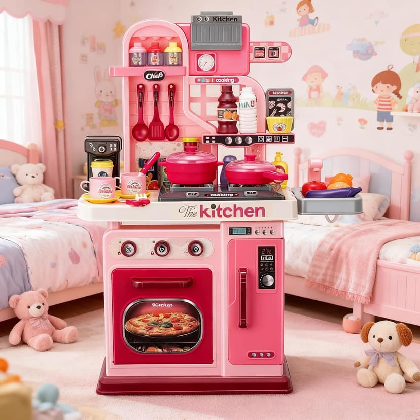 Kids Kitchen Playset-53pcs Cooking Stove,Paly Sink,Oven,Kitchen Toys with Realistic Lights&Sounds，Pretend Play Toys,Kitchen Toys for Toddlers 1 2 3 (Pink)