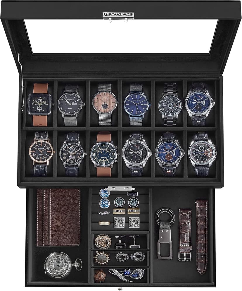 SONGMICS Watch Box, 12-Slot Watch Case Organizer with Large Glass Lid, 2 Layers, Removable Pillows, Metal Lock, Gift for Loved Ones, Black Synthetic Leather, Black Lining UJWB012B03