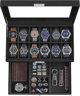 SONGMICS Watch Box, 12-Slot Watch Case Organizer with Large Glass Lid, 2 Layers, Removable Pillows, Metal Lock, Gift for Loved Ones, Black Synthetic Leather, Black Lining UJWB012B03