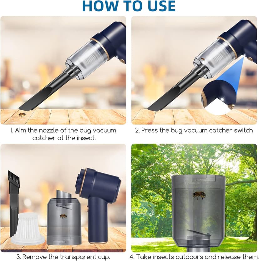 Bug Vacuum Catcher,Cordless Handheld Vacuum Cleaner Rechargeable Bug Catcher Strong Suction with Multifunctional Suction Nozzle for Home Office Insect Stink Bug Moth Spider and Car Cleaning Blue