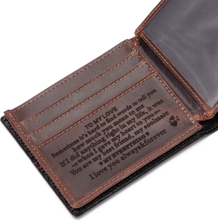 Personalized Engraved Leather Wallet for Boyfriend Husband from Wife Girlfriend - Christmas Anniversary Valentines Day Birthday Wedding - I Love You - Men Custom Bifold Wallets with Romantic Message