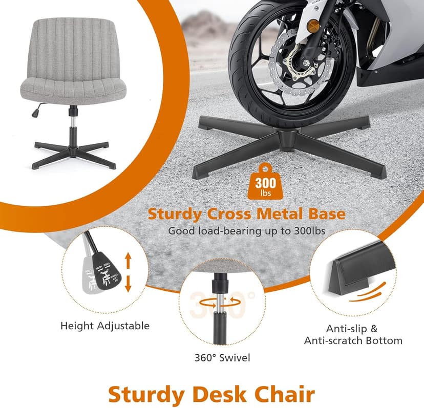 Sweetcrispy Criss Cross Chair Legged, Armless Office Swivel Desk Chairs No Wheels, Vanity Height Adjustable Wide Seat Comfy Cute Computer Task Seating for Home Bedroom, Grey