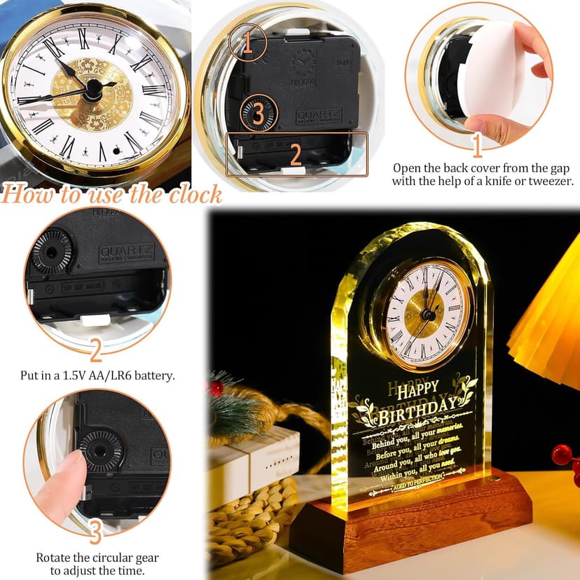 with Wooden LED Light Base, Happy Birthday Keepsake, for Woman Man Her Him Mom Dad Friend, Home Decor Ornalrist Happy Birthday Gifts for Men Women Glass Quartz Clock Keepsake B0GR57JH79