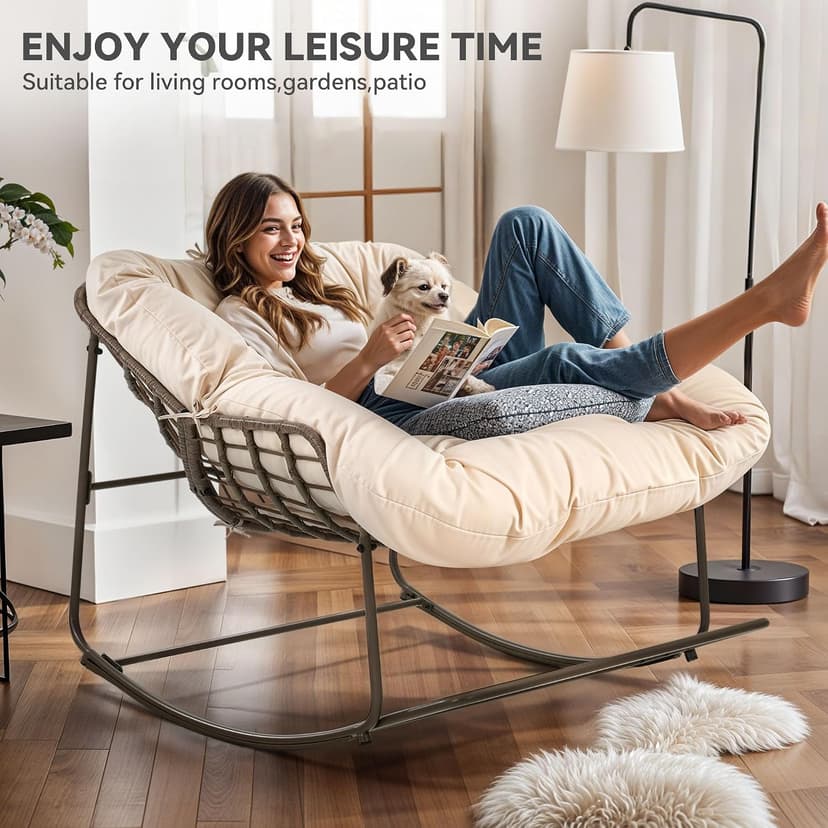 YITAHOME Rocking Papasan Chair, Wide Rocking Chair, Comfy Indoor and Outdoor Lounge Chair with Thick Cushion for Bedroom, Living Room, Patio, Porch, Garden, Deck, Lawn (Beige)