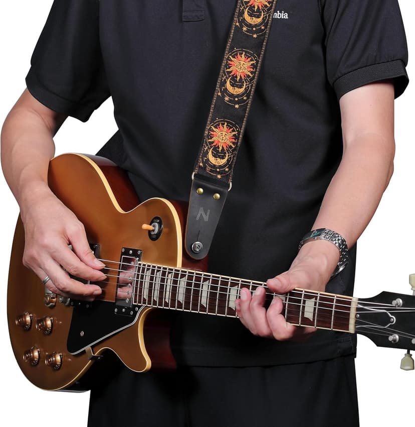 Nefelibata Guitar Strap, Sun & Moon Embroidery Guitar Straps with Head Cowhide Leather Ends for Bass, Electric & Acoustic Guitars, Free Strap Button, 1 Pair Strap Locks and 4 Guitar Picks