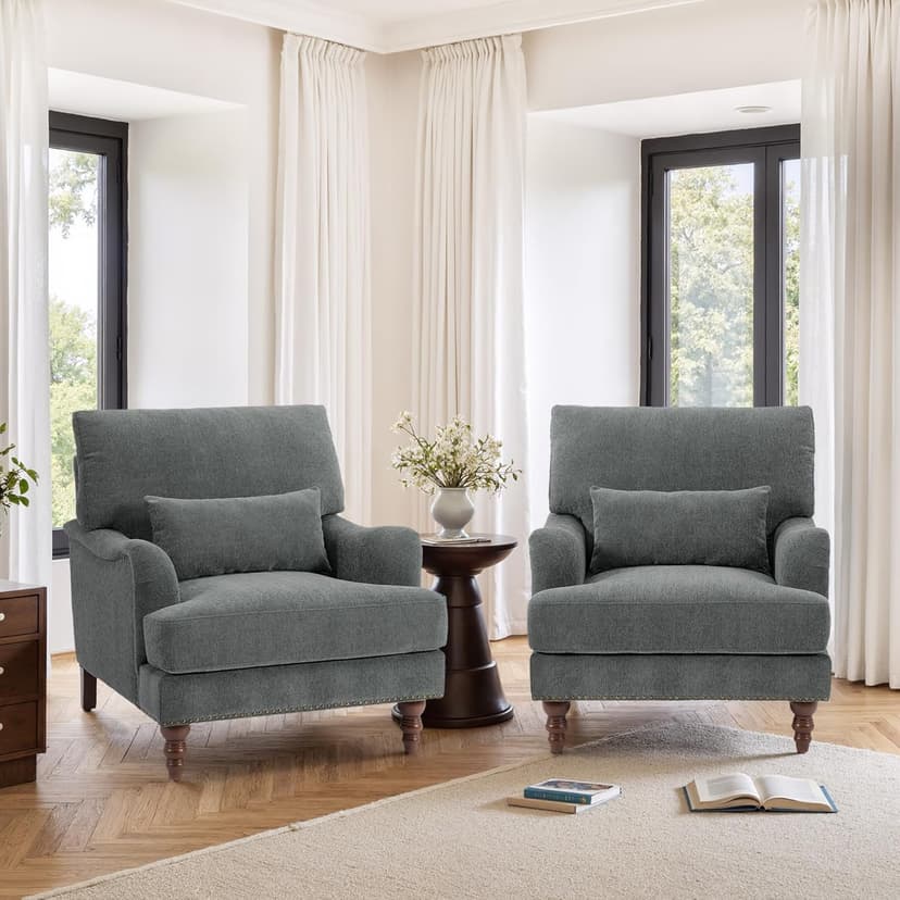 Accent Chairs Set of 2, Upholstered Roll Armchair for Living Room, Comfy Club Chair with Lumbar Pillow in Chenille Reading Chair for Bedroom Small Spaces-Gray