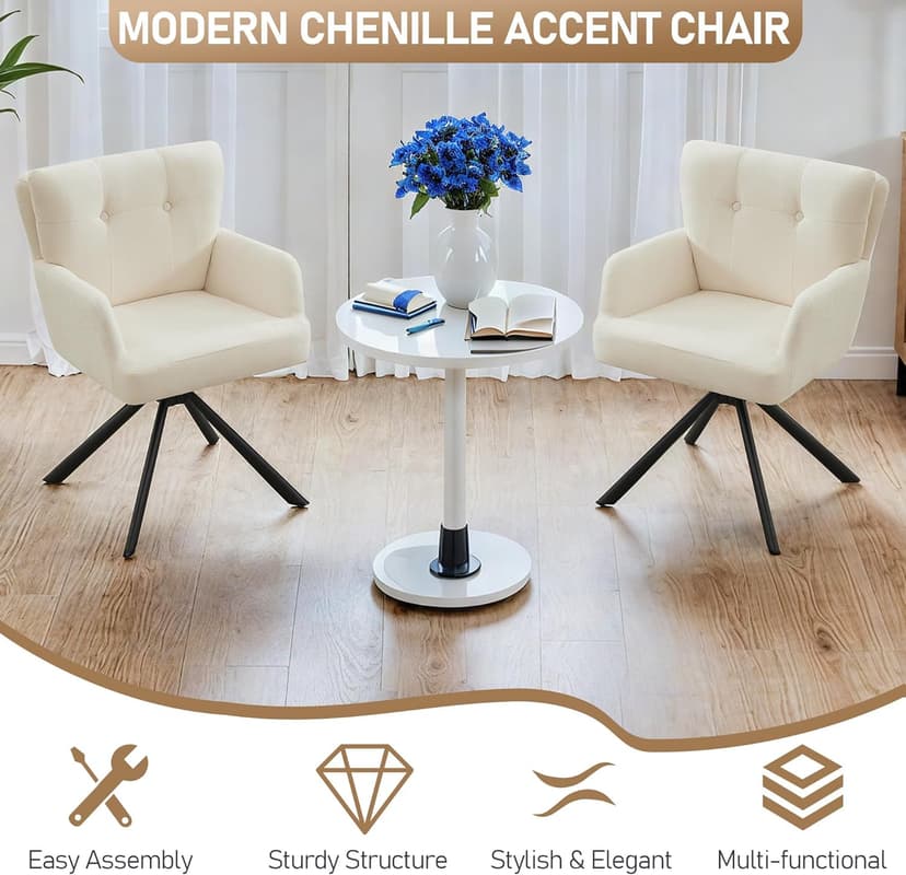 WUTUTUEE Fabric Dining Chair Modern Upholstered Swivel Dining Room Chairs Comfy Accent Armchair with Mid Back, Desk Arm Chair No Wheels for Kitchen/Living Room/Home Office, White