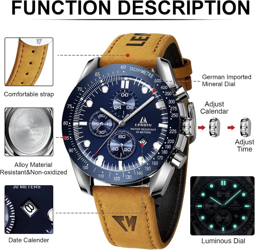LN LENQIN Mens Watches Leather Watch Analog Quartz Watch for Men Luminous Luxury Fashion Business Casual 30M Waterproof Men's Wrist Watches with Date
